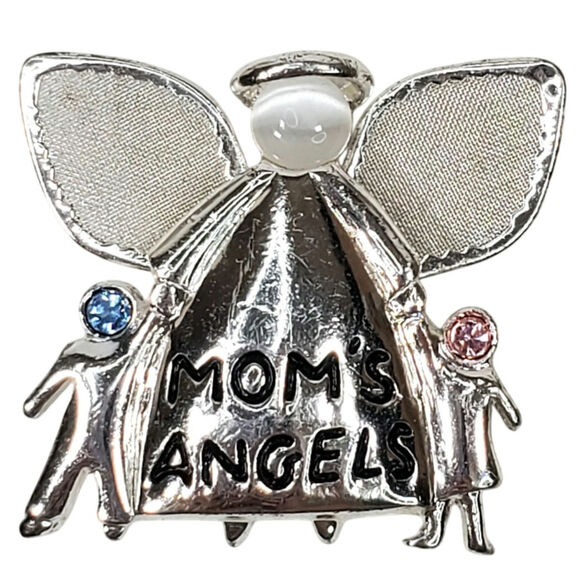 Mom Angels Pin Mothers Day Birthday Gift 1.5" Silver Tone Boy Girl - Picture 1 of 3